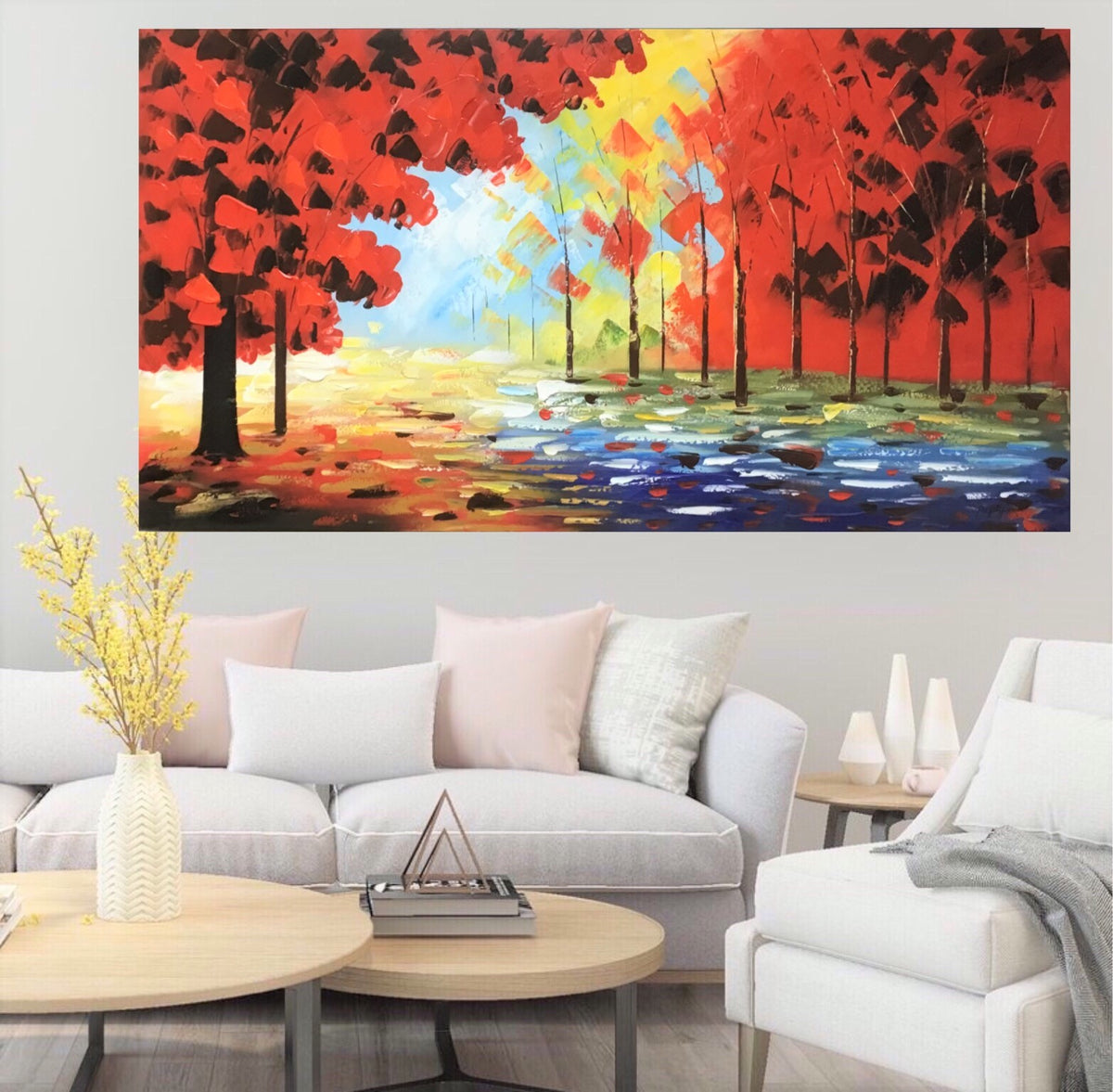 Handmade Oil Painting of Orange and Red Landscape on Stretched Canvas ...