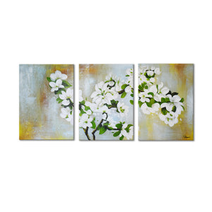 Three Large Panels of Handmade Oil Painting on Stretched Canvas of White Flower in Group