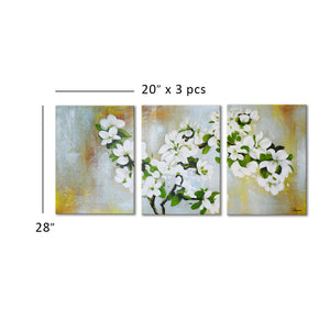 Three Large Panels of Handmade Oil Painting on Stretched Canvas of White Flower in Group