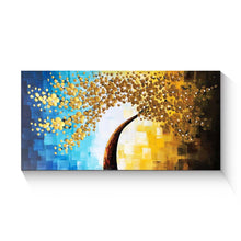 Handmade Oil Painting of Golden Flower with Mixed Blue & Gold Color Background Landscape View on Canvas