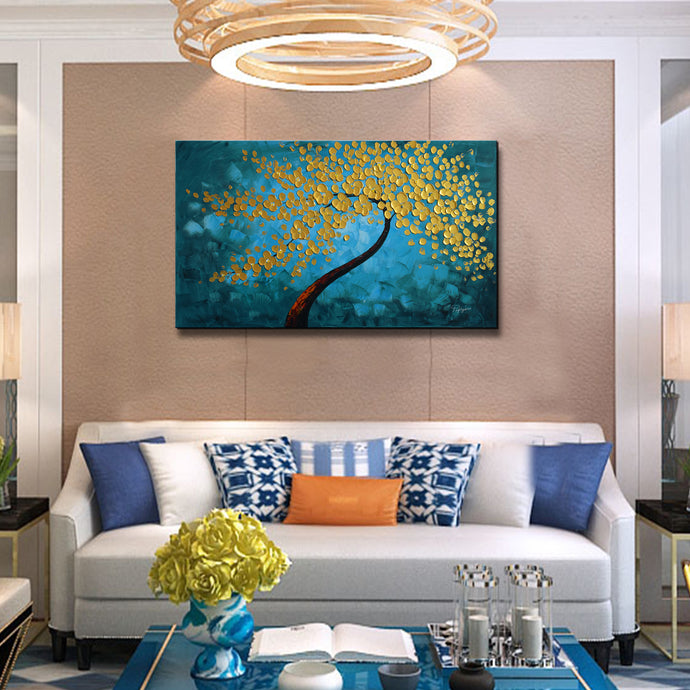Handmade Oil Painting of Golden Tree with Teal Background on Stretched Canvas