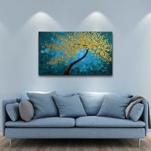 Handmade Oil Painting of Golden Tree with Teal Background on Stretched Canvas