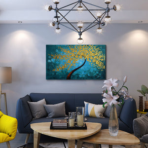 Handmade Oil Painting of Golden Tree with Teal Background on Stretched Canvas