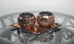 Square Plate with 2 Round Tealight Candle Holders in Metallic Rose Gold