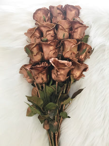 Luxury Real Touch Rose Flower With Stem Made From Premium PU Leather in Copper Color