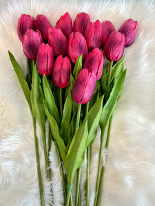 Tulip Flower Artificial Real Touch With Stem Made From Premium PU Leather in Dark Pink/Purple Color