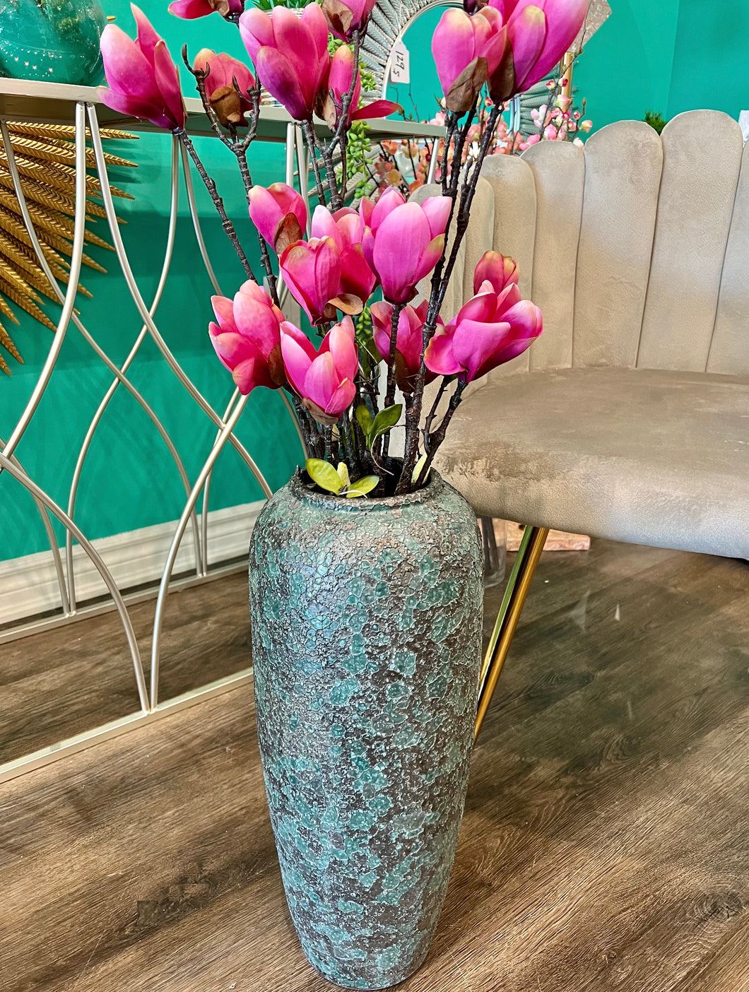 Floor Vase in Medium Size of High-quality Teal/Charcoal Textured Ceramic