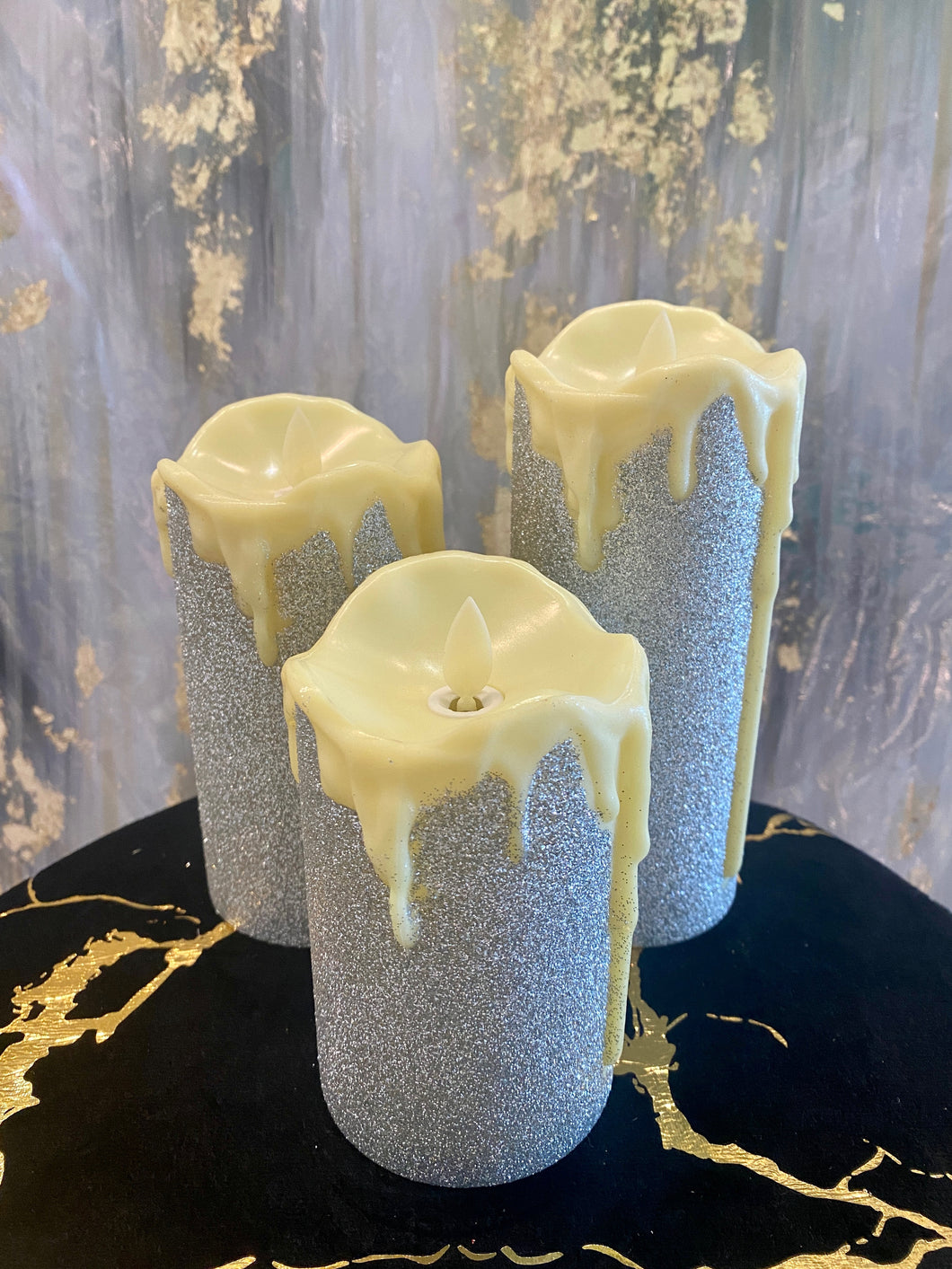 Flameless Candles Led Candles Pack of 3 Silver Glittered Battery Candles