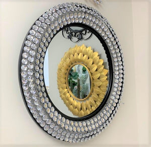 Handcrafted Modern Decorated Round Wall Metal Mirror in Black With Crystal Stones