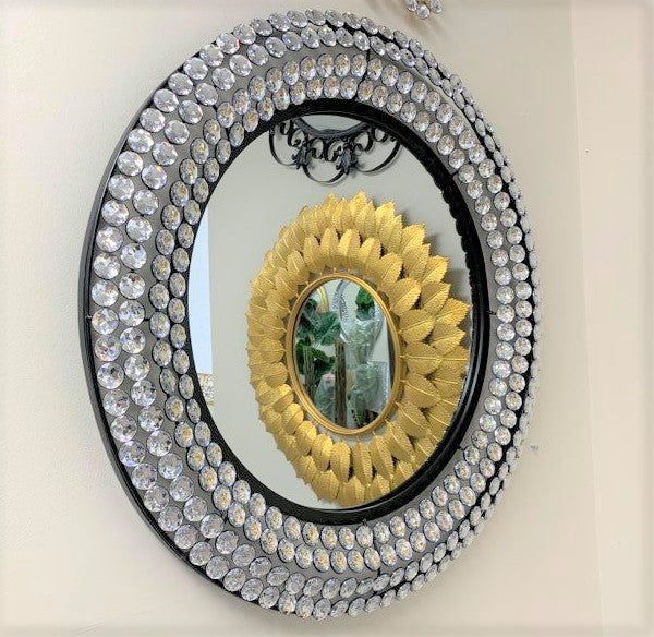 Handcrafted Modern Decorated Round Wall Metal Mirror in Black With Crystal Stones