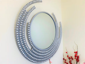 Handcrafted Modern Decorated Round Wall Metal Mirror in Silver With Crystal Stones