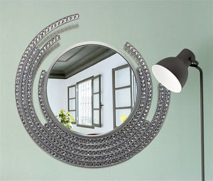 Handcrafted Modern Decorated Round Wall Metal Mirror in Silver With Crystal Stones