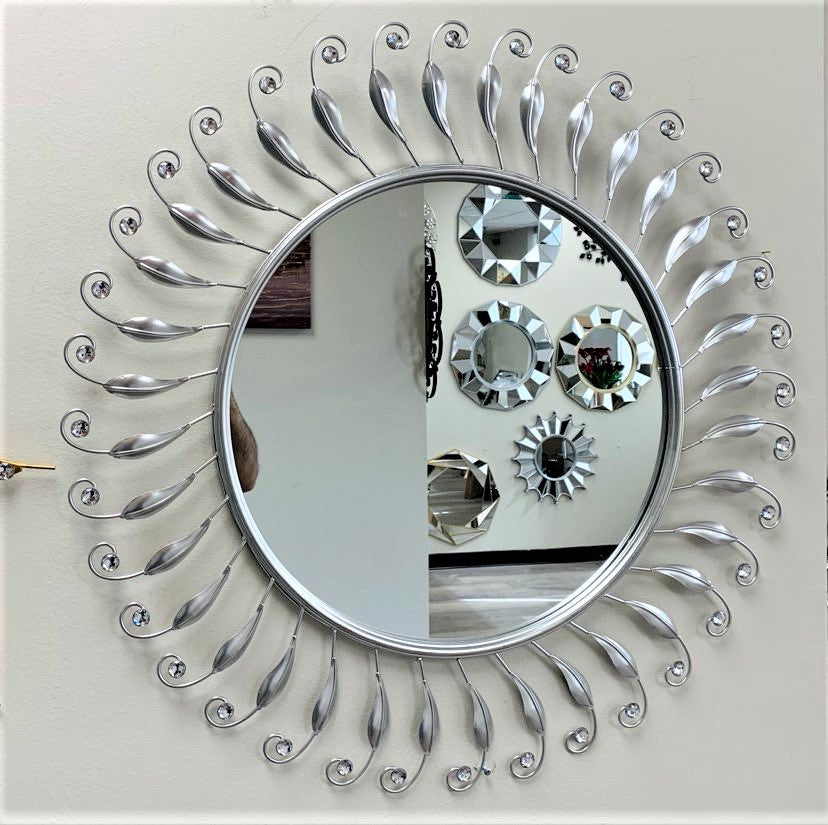 Handcrafted Modern Decorated Round Wall Metal Mirror With Crystal Stones
