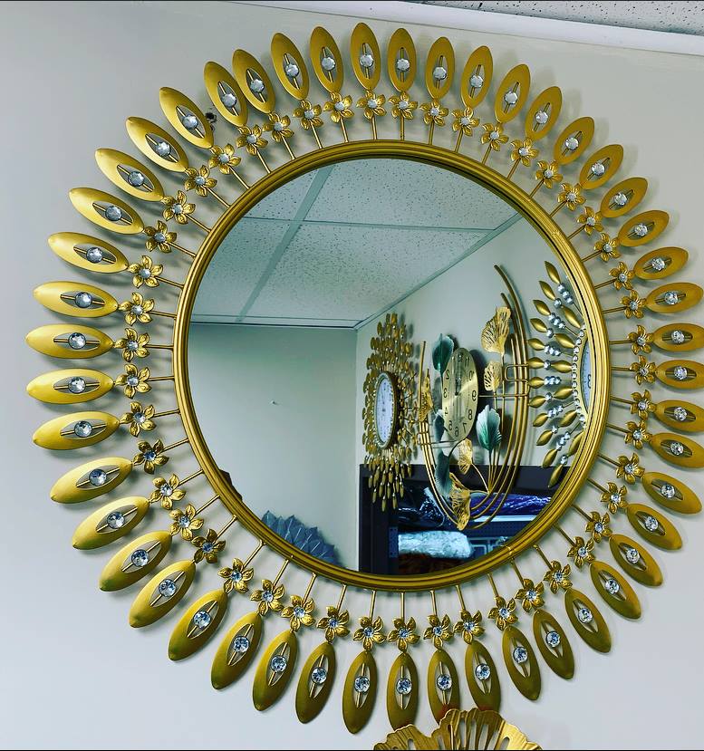 Handcrafted Modern Decorated Round Gold Wall Metal Mirror With Crystal Stones
