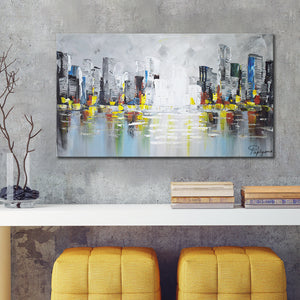 Huge Handmade Abstract Oil Painting of City Skyline on Stretched Canvas