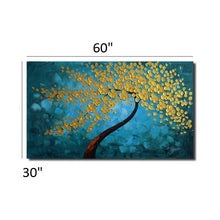 Huge Handmade Oil Painting of Golden Tree with Teal Background on Stretched Canvas