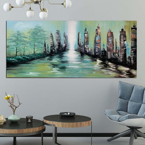 Huge Handmade Oil Painting of Abstract Building Towers on Stretched Canvas