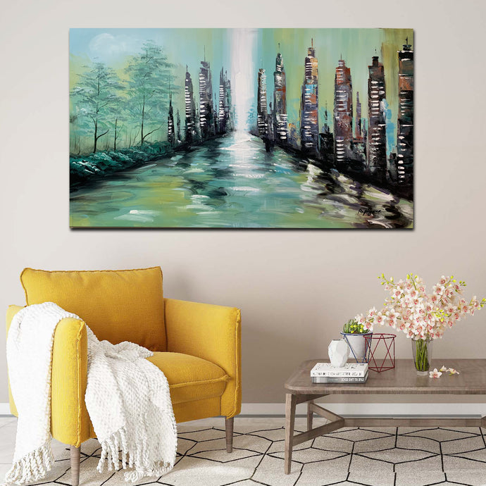 Handmade Oil Painting of Abstract Building Towers on Stretched Canvas