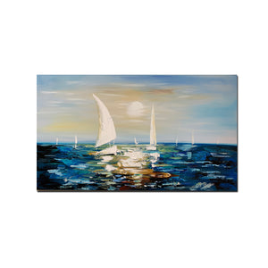 Handmade Oil Painting of Sail Boats in Blue on Stretched Canvas