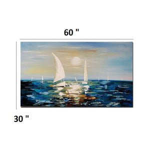 Handmade Oil Painting of Sail Boats in Blue on Stretched Canvas
