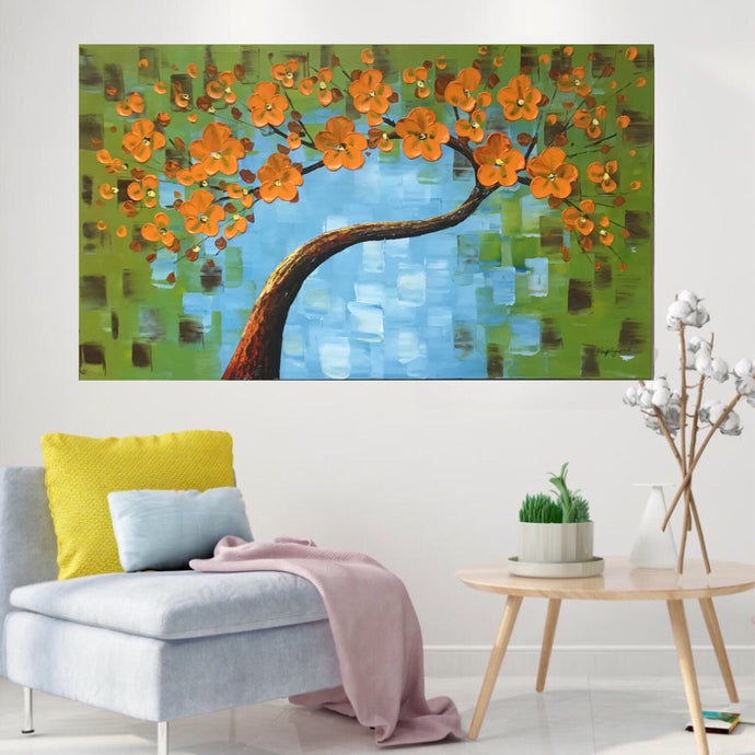 Large Premium Quality 100% Handmade Oil Painting of Golden Yellow Tree on Canvas