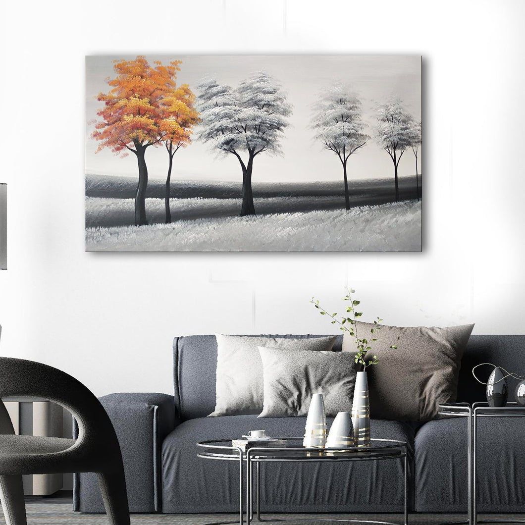 Handmade Oil Painting on Canvas of Trees in Grey & Orange