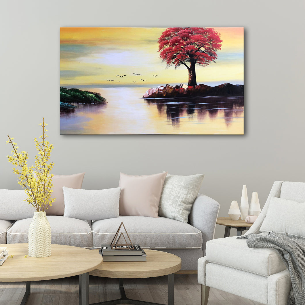 Handmade Oil Painting of Yellow Landscape  on Stretched Canvas