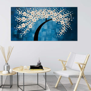 Huge Handmade Oil Painting of White Tree with Royal Blue Background on Stretched Canvas