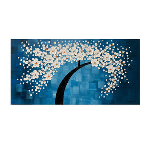 Huge Handmade Oil Painting of White Tree with Royal Blue Background on Stretched Canvas