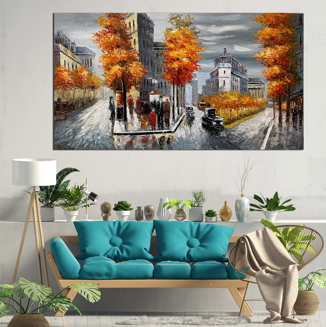 Handmade Oil Painting of Street View on Stretched Canvas