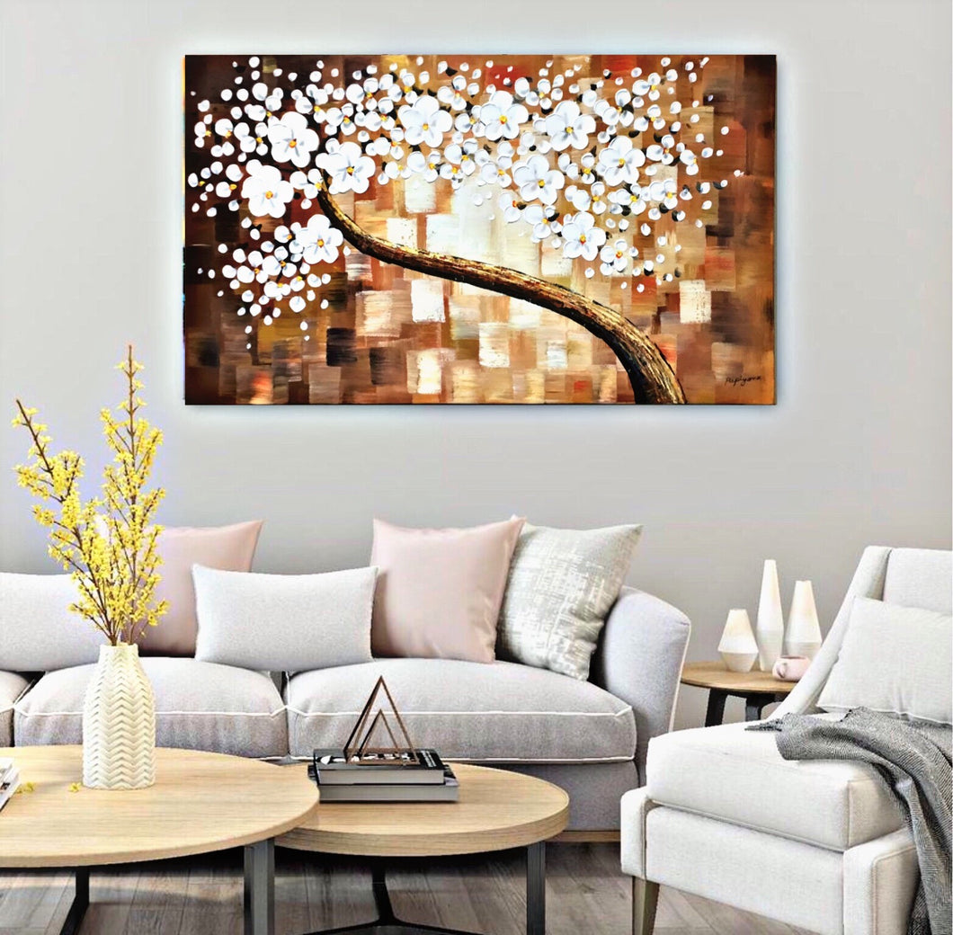 Handmade Oil Painting of Brown Background with White Flowers on Stretched Canvas