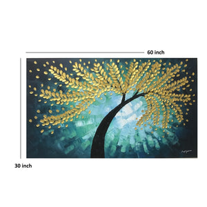 Handmade Oil Painting of Golden Tree with Green Background on Stretched Canvas
