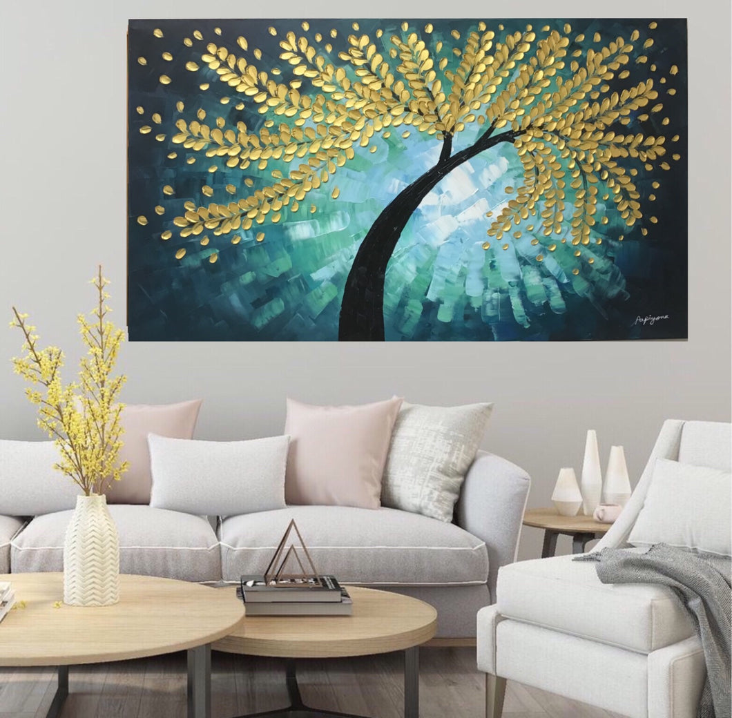 Handmade Oil Painting of Golden Tree with Green Background on Stretched Canvas