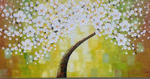 Handmade Oil Painting of White Flower with Bright & Light Green with Brown level on Stretched Canvas