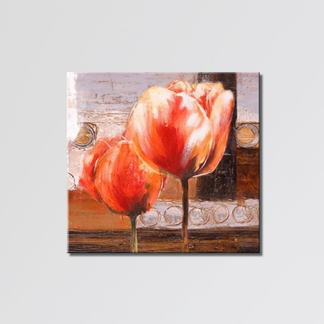 Handmade Oil Painting on Stretched Canvas of Light Red Tulip Flowers