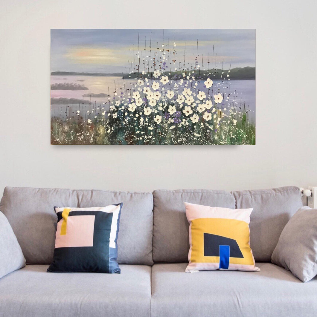 Handmade Oil Painting of White Flowers with Lake View Background on Stretched Canvas