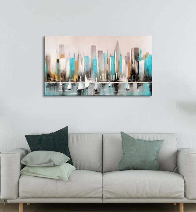 Handmade Oil Painting of Abstract View of Sea & Building on Stretched Canvas