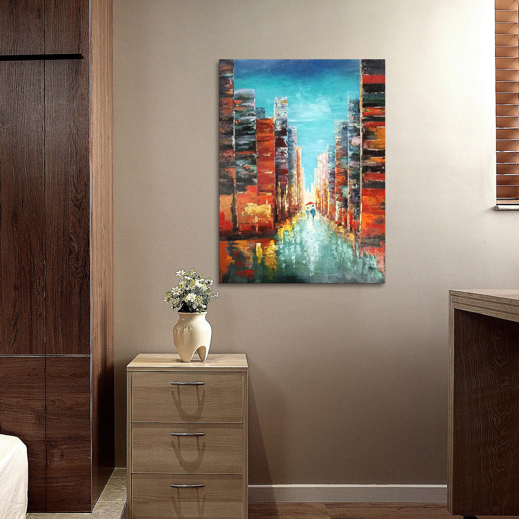 Abstract Handmade Oil Painting of Buildings on Stretched Canvas in Colors