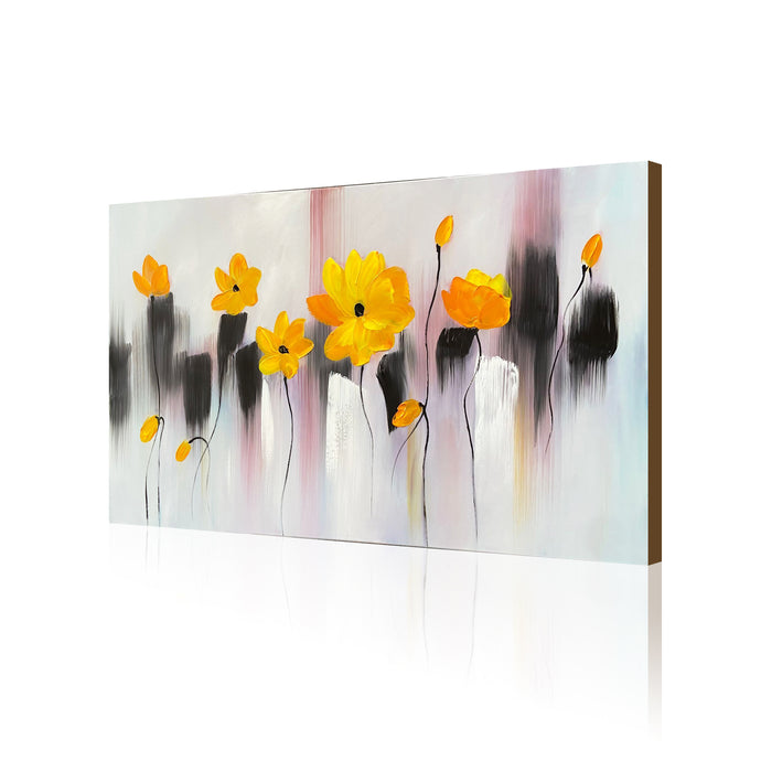Handmade Oil Painting of Yellow Flowers on Stretched Canvas