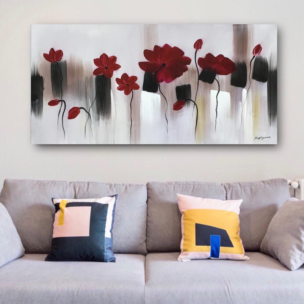 Handmade Oil Painting of Red Flowers on Stretched Canvas