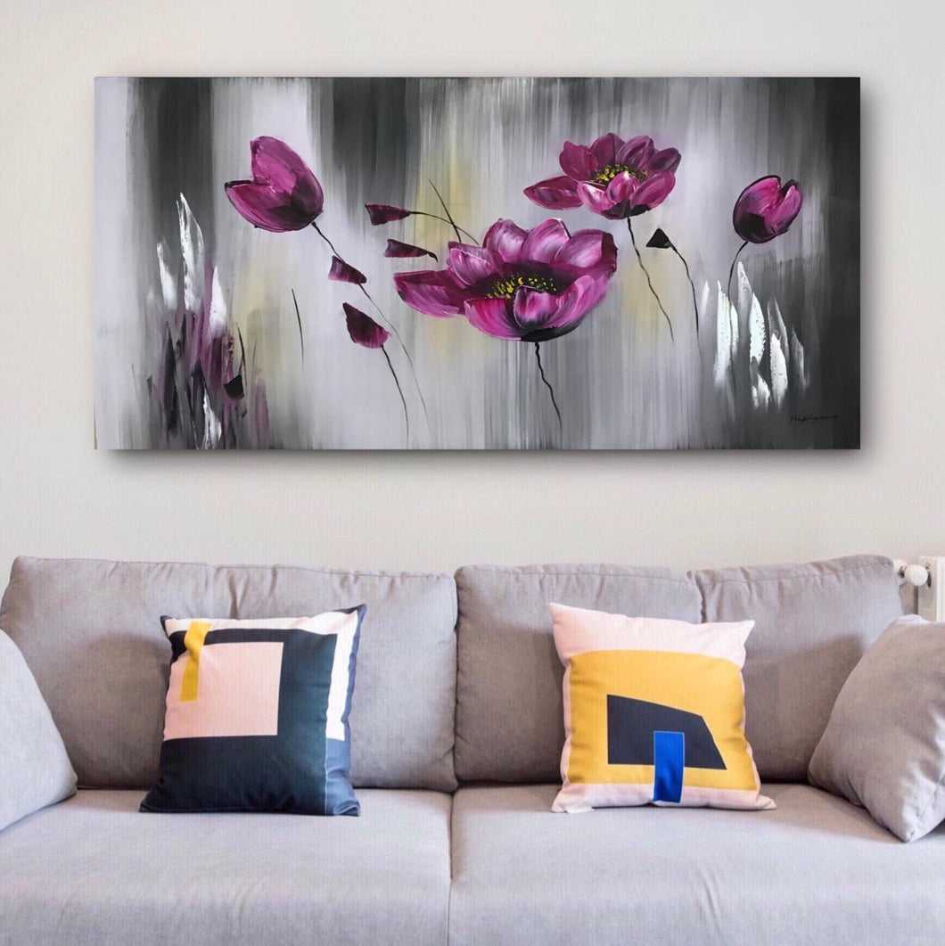 Handmade Oil Painting of Purple Flowers with Grey Background on Stretched Canvas