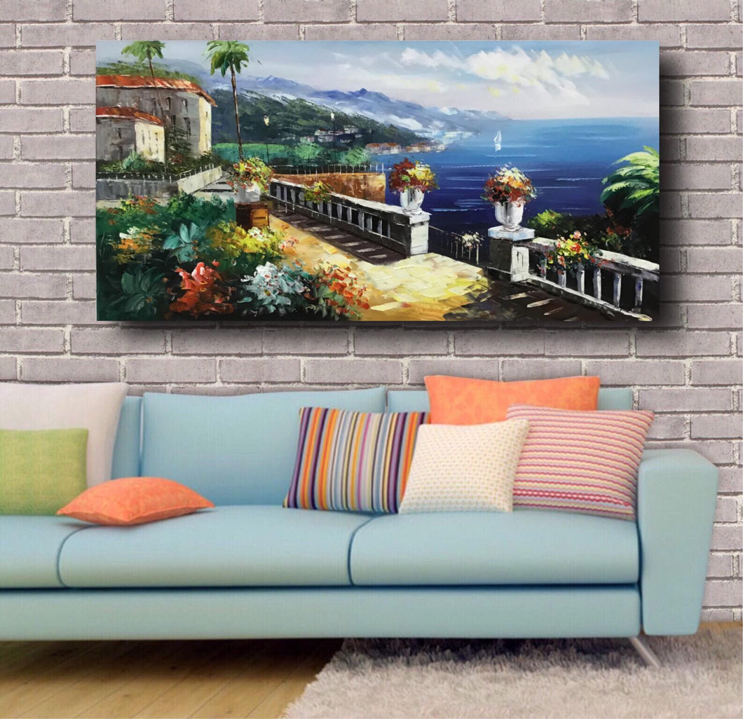 Handmade Oil Painting of Mediterranean City on Stretched Canvas