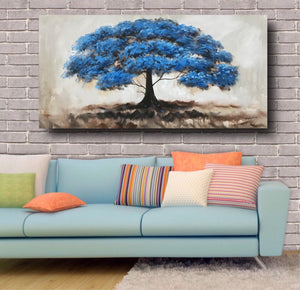 Handmade Oil Painting of Blue Tree View on Stretched Canvas