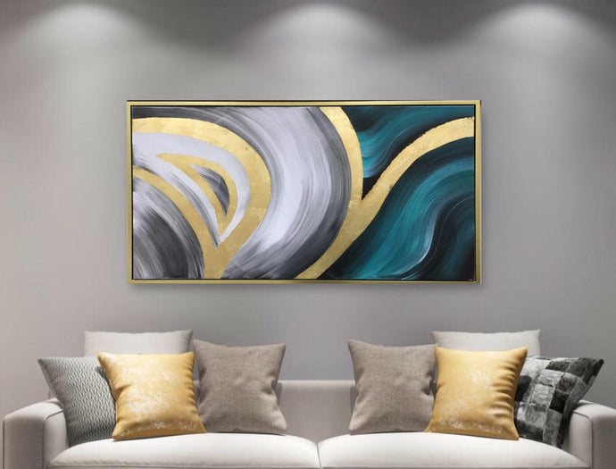 Abstract Handmade Oil Painting on Stretched Canvas with Extra Gold Floating Frame