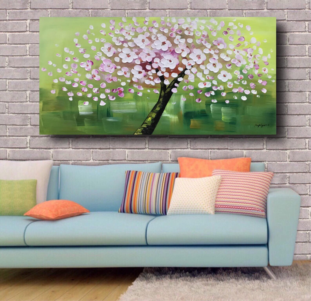 Handmade Oil Painting of Colored Flowers with Green Background on Stretched Canvas