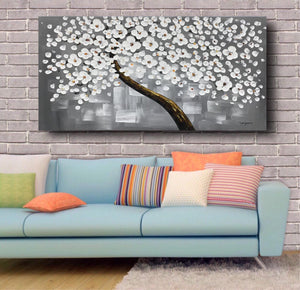 Handmade Oil Painting of White Flowers with Grey Background on Stretched Canvas