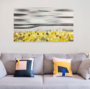 Abstract Handmade Oil Painting on Stretched Canvas in Grey & Yellow