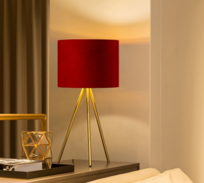 Gorgeous Gold Metal Base Table Lamp with Red Lampshade made of Velvet