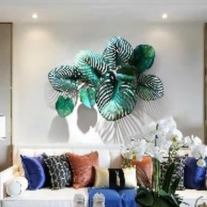 Wall Décor in Green with White Textures on Leaf Combined in One Metal Piece