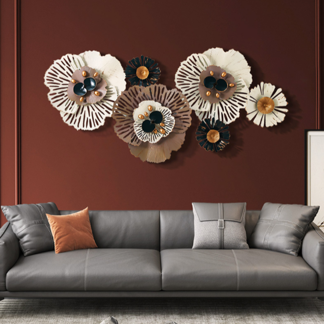 Wall Décor Metal of Flowers White, Black, Gold & Brown Metal Combined in One Piece